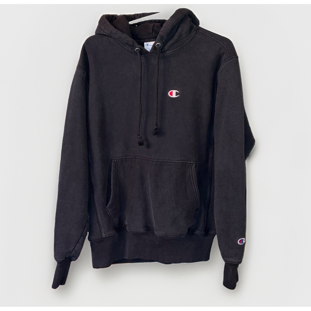 Y2K Champion Reverse Weave Black Hoodie Pullover Sweatshirt Thick Men's Size Med